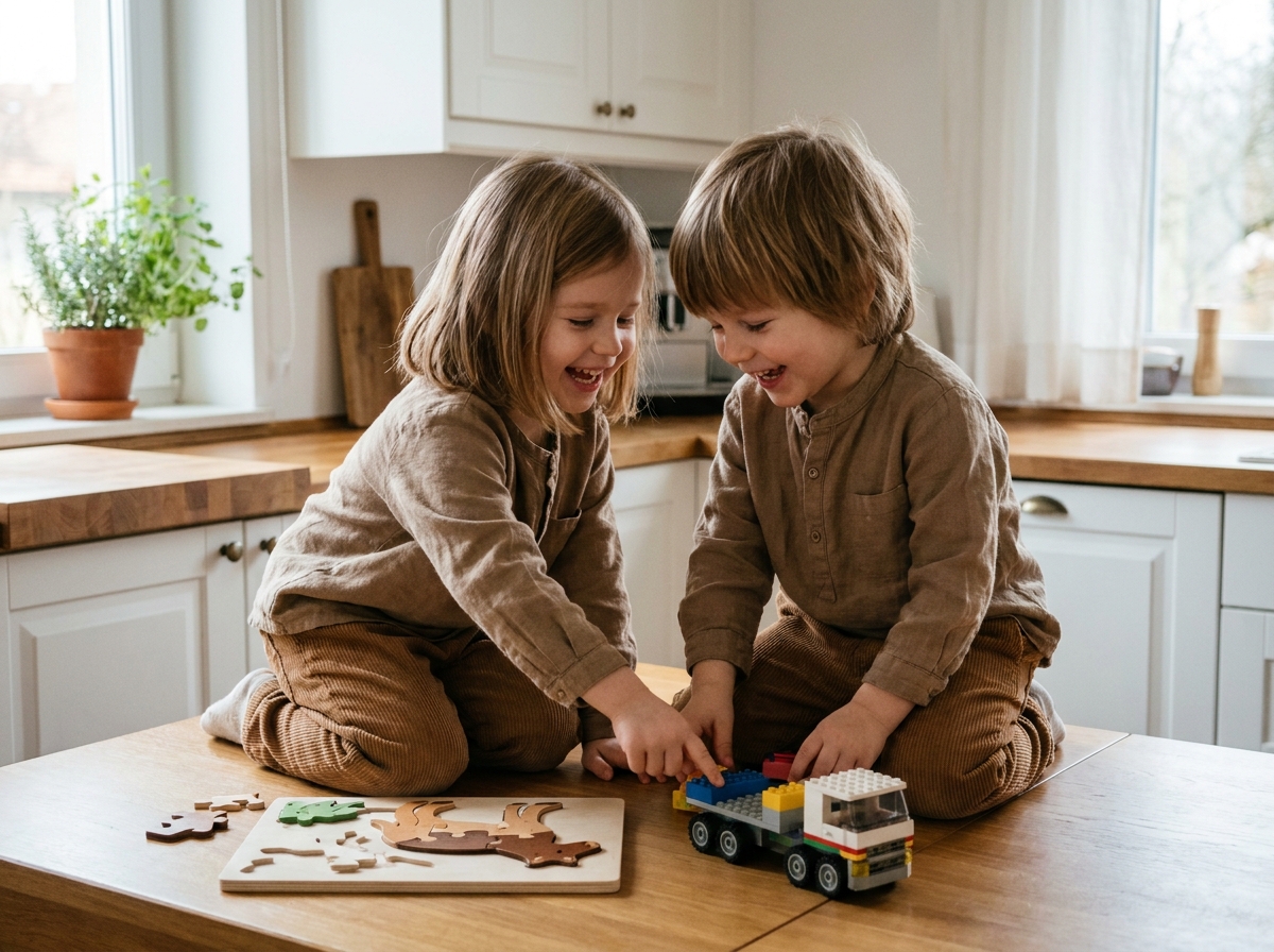 Deux enfants comparant un puzzle classique en bois et un jeu de construction coloré sur une table de cuisine familiale