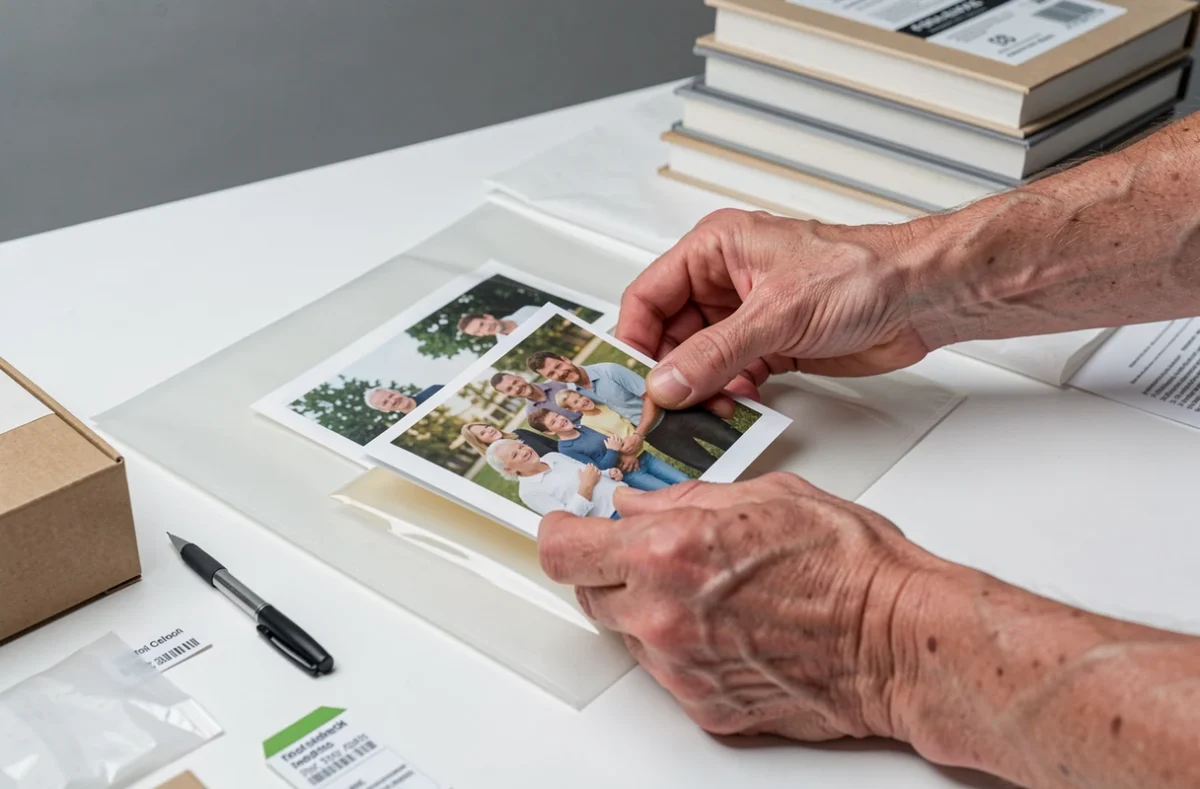 Mains plaçant une photo de famille restaurée dans une pochette de protection archivistique pour une conservation longue durée