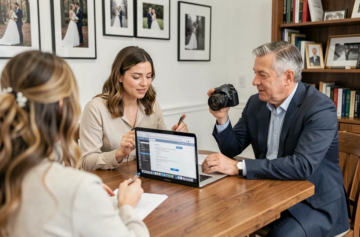 Réunion de consultation tarifaire entre photographes de mariage et futurs mariés