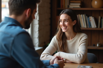 Homme en chemise bleue parle à une femme souriante dans un café