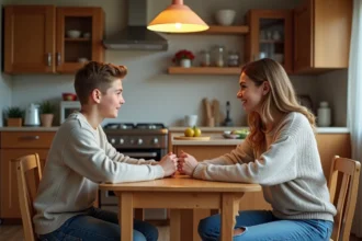 Mère et adolescent discutent à la cuisine chaleureuse