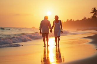 Couple âgé souriant main dans la main sur plage tropicale