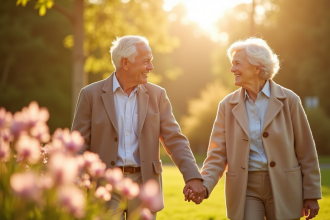 Couple âgé main dans la main dans un parc en fleurs