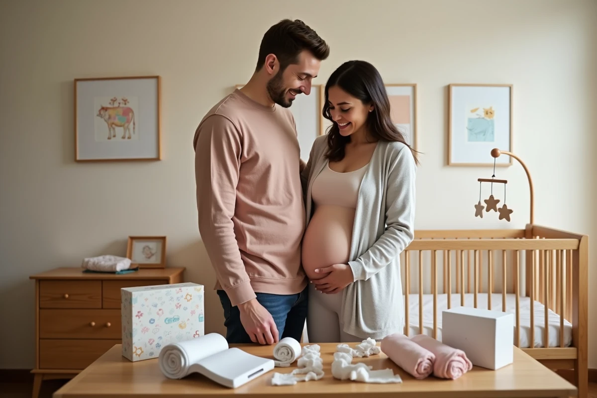 Couple dans une chambre de bébé examinant des cadeaux de grossesse