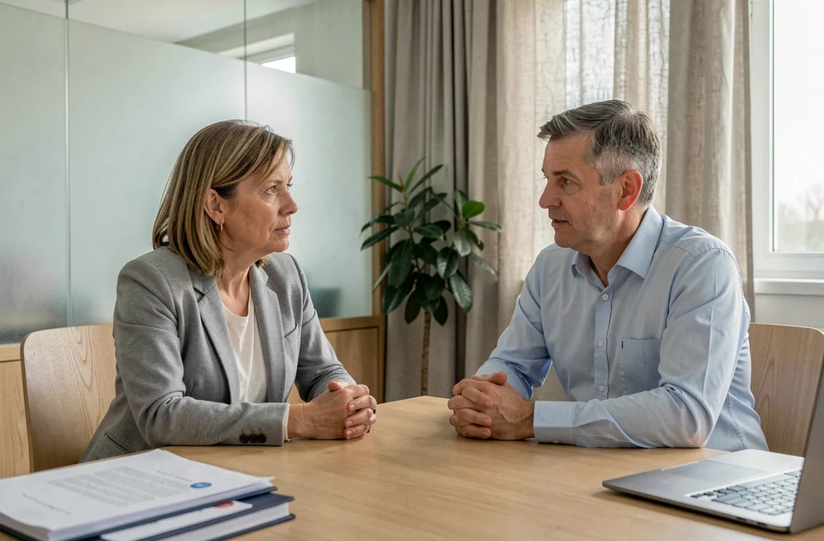 Couple en consultation chez le notaire pour planification successorale et discussion sur le régime matrimonial