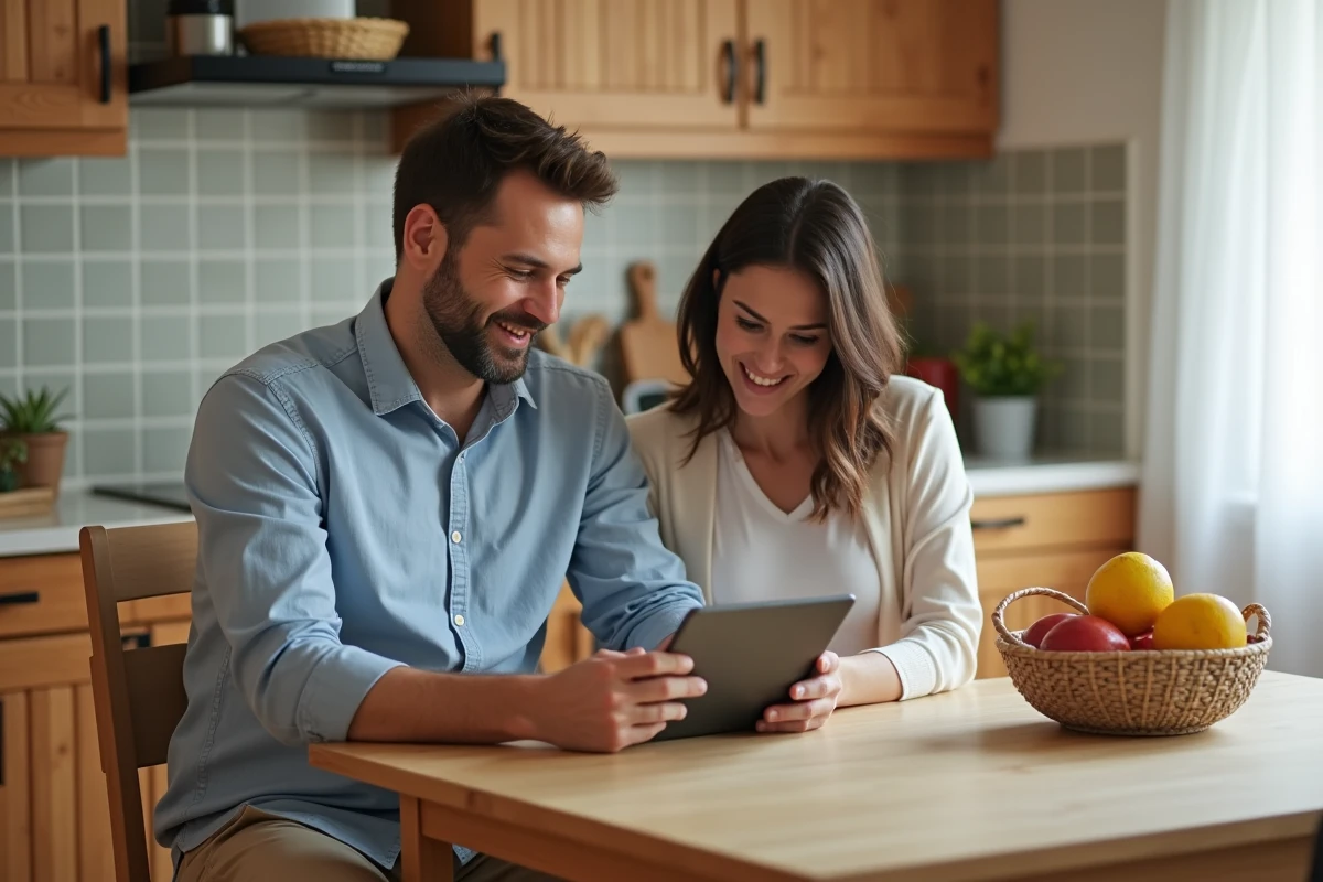 Couple regardant une tablette dans une cuisine lumineuse