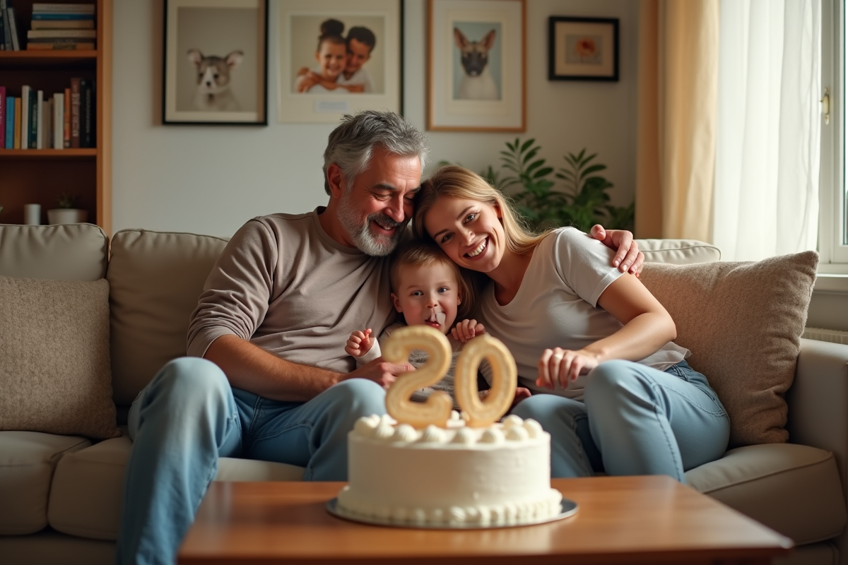 Couple souriant entouré de leurs enfants dans un salon lumineux
