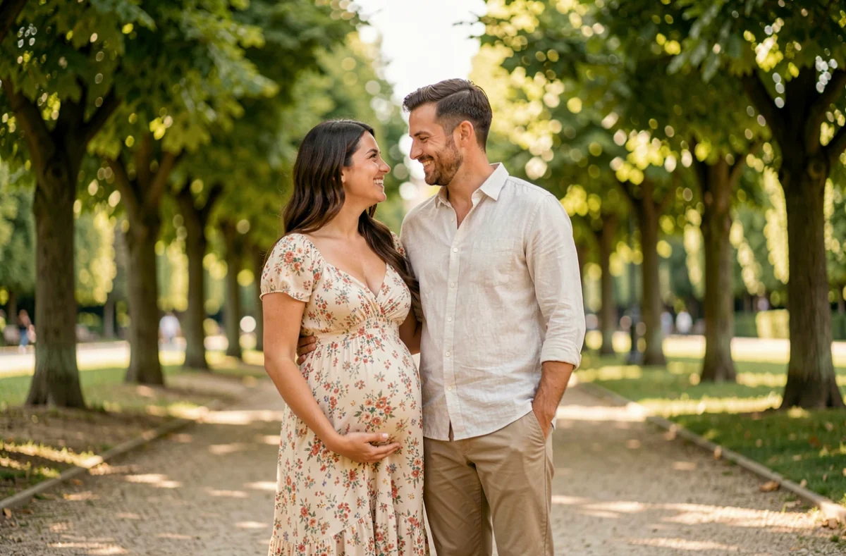 Couple heureux dans un parc parisien, femme enceinte en robe fleurie aux côtés de son compagnon souriant
