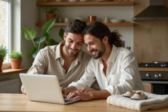Jeune couple consultant une liste de naissance en ligne sur un ordinateur portable dans une cuisine chaleureuse
