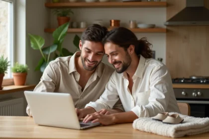 Jeune couple consultant une liste de naissance en ligne sur un ordinateur portable dans une cuisine chaleureuse