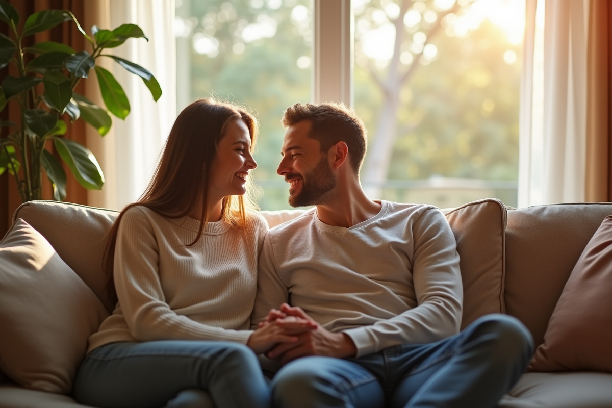 Couple marié souriant dans un salon lumineux et cosy