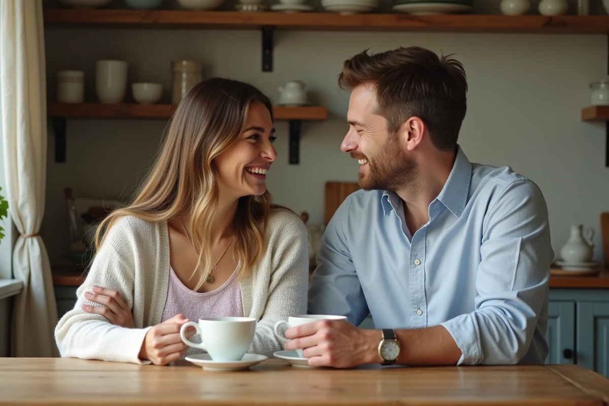 Un couple partageant un moment intime dans leur cuisine familiale, illustrant l'équilibre entre vie privée et vie de couple