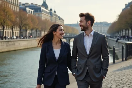 Couple de jeunes adultes se promenant sur les quais de Seine à Paris, illustrant une relation publique dans le milieu politique français