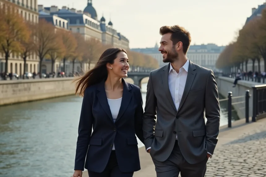 Couple de jeunes adultes se promenant sur les quais de Seine à Paris, illustrant une relation publique dans le milieu politique français