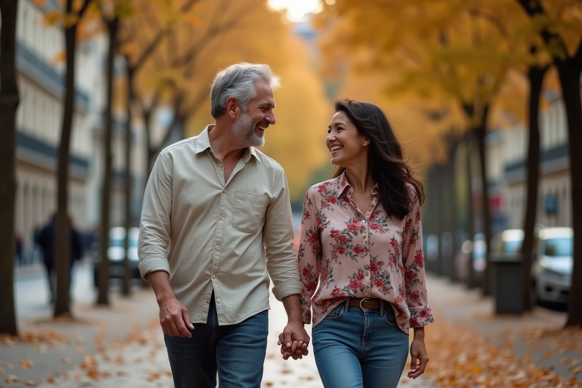 Couple complice se promenant main dans la main sur un boulevard parisien en automne