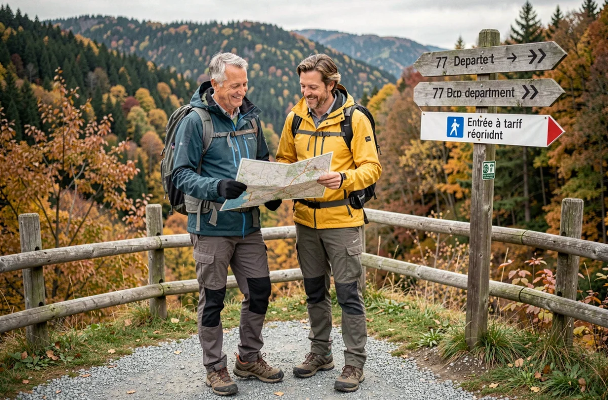 Couple en randonnée profitant d'un tarif réduit pour visiter un site naturel en Seine-et-Marne