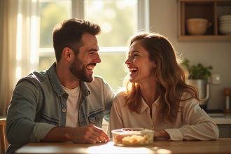 Jeune couple riant dans une cuisine lumineuse