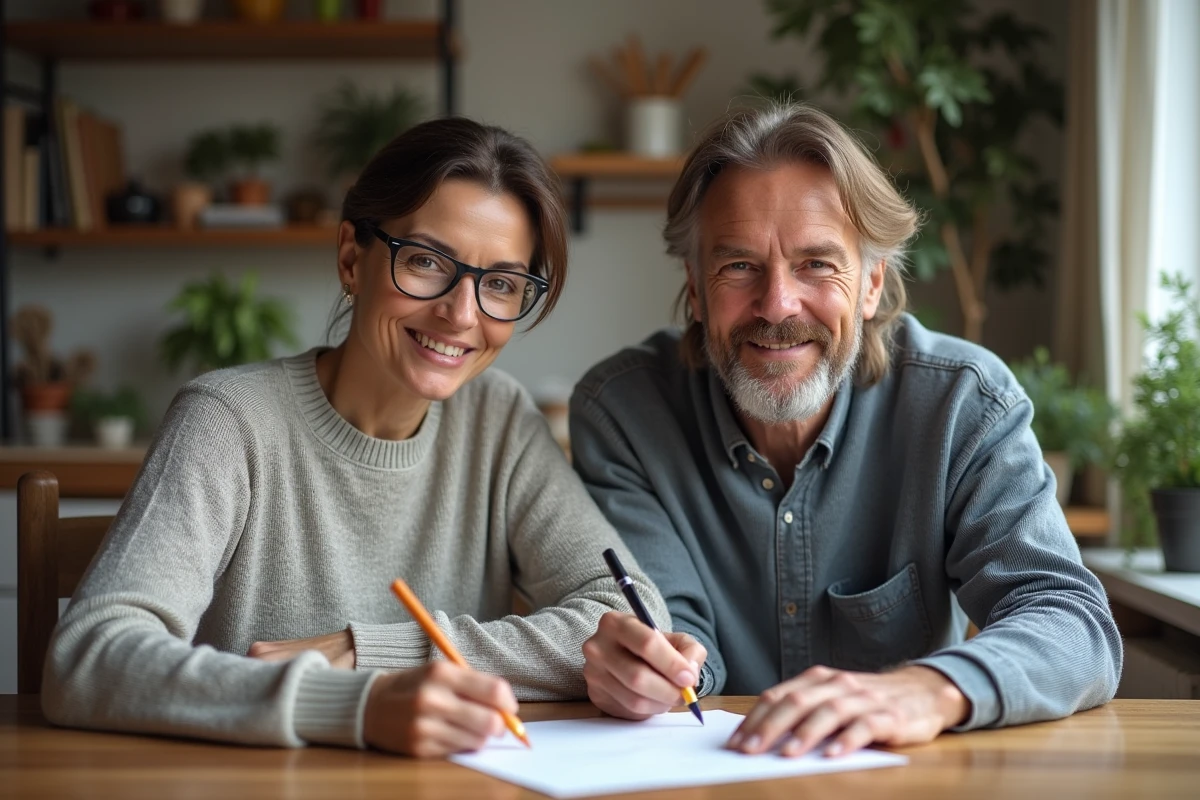 Couple français signant un document à la maison