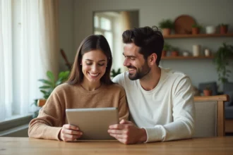 Couple souriant discutant avec des tablettes dans un intérieur cosy