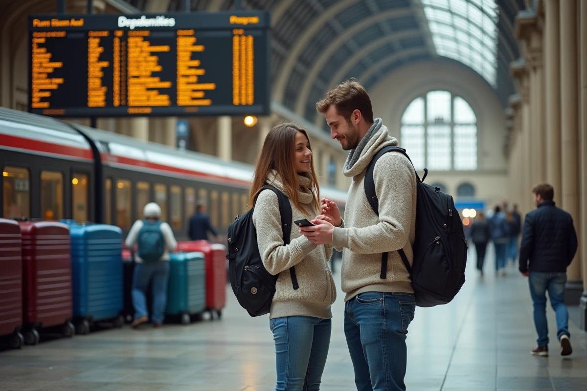 Jeune couple consultent un smartphone à la gare