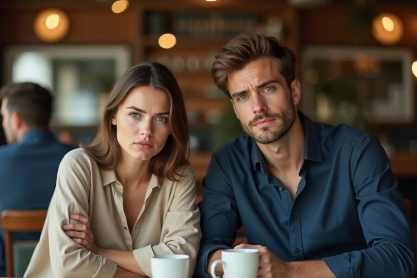 Couple mal à l'aise dans un café face à l'intrusion de leur vie privée