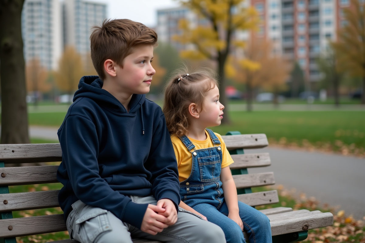 Un adolescent et une jeune cousine assis sur un banc de parc