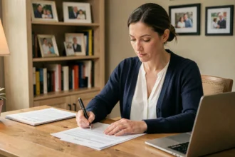 Mère remplissant un formulaire de déclaration de sinistre pour l'assurance scolaire MAE à son bureau à domicile