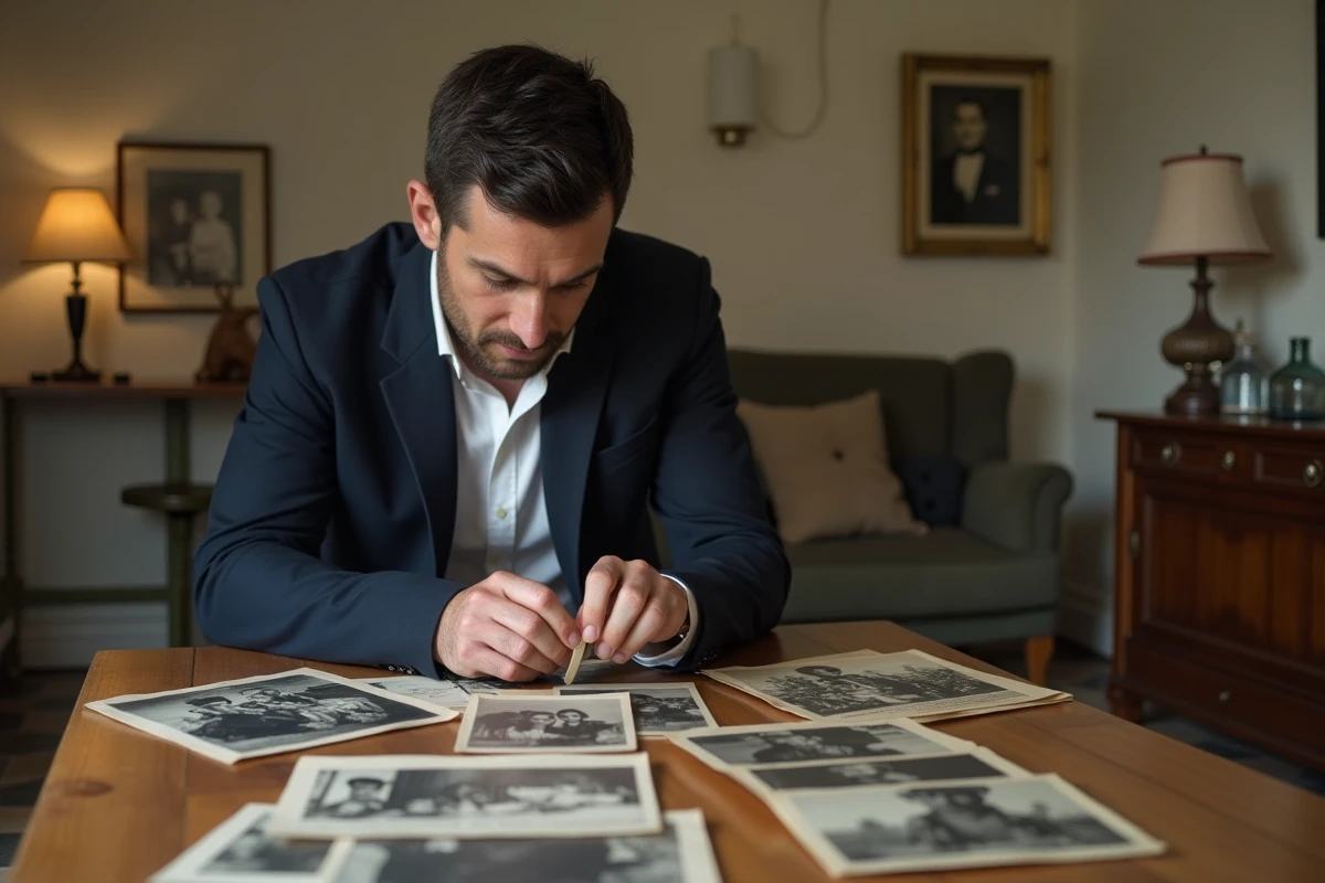 Homme adulte examinant de vieilles photographies familiales en noir et blanc sur une table en bois dans un appartement français