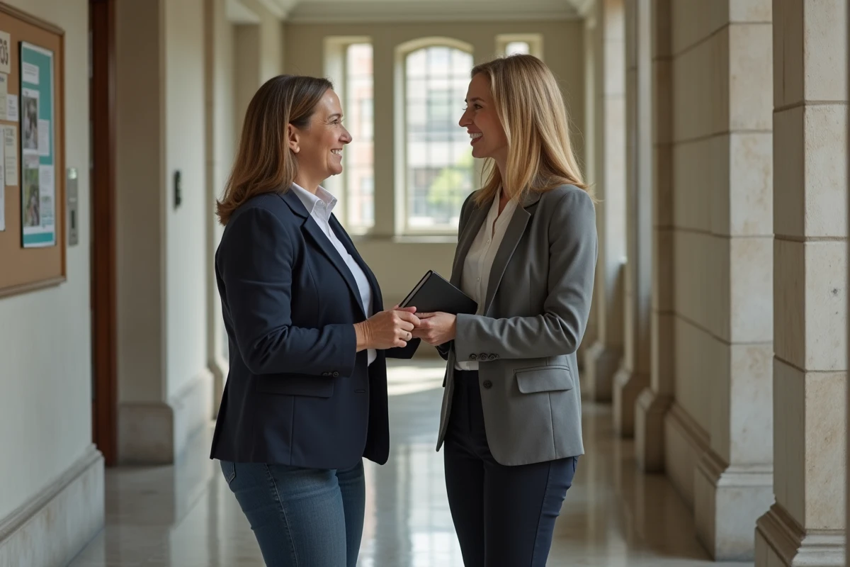 Deux femmes dans un couloir de mairie en discussion