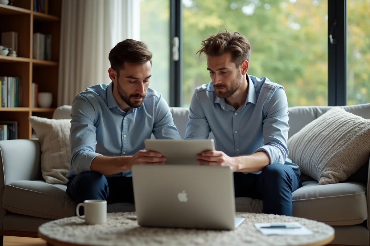 Deux hommes collaborant sur un ordinateur dans un salon moderne