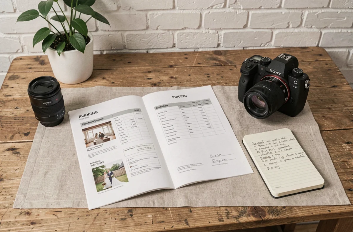 Devis et tarifs d'un photographe de mariage posés sur un bureau avec du matériel photo