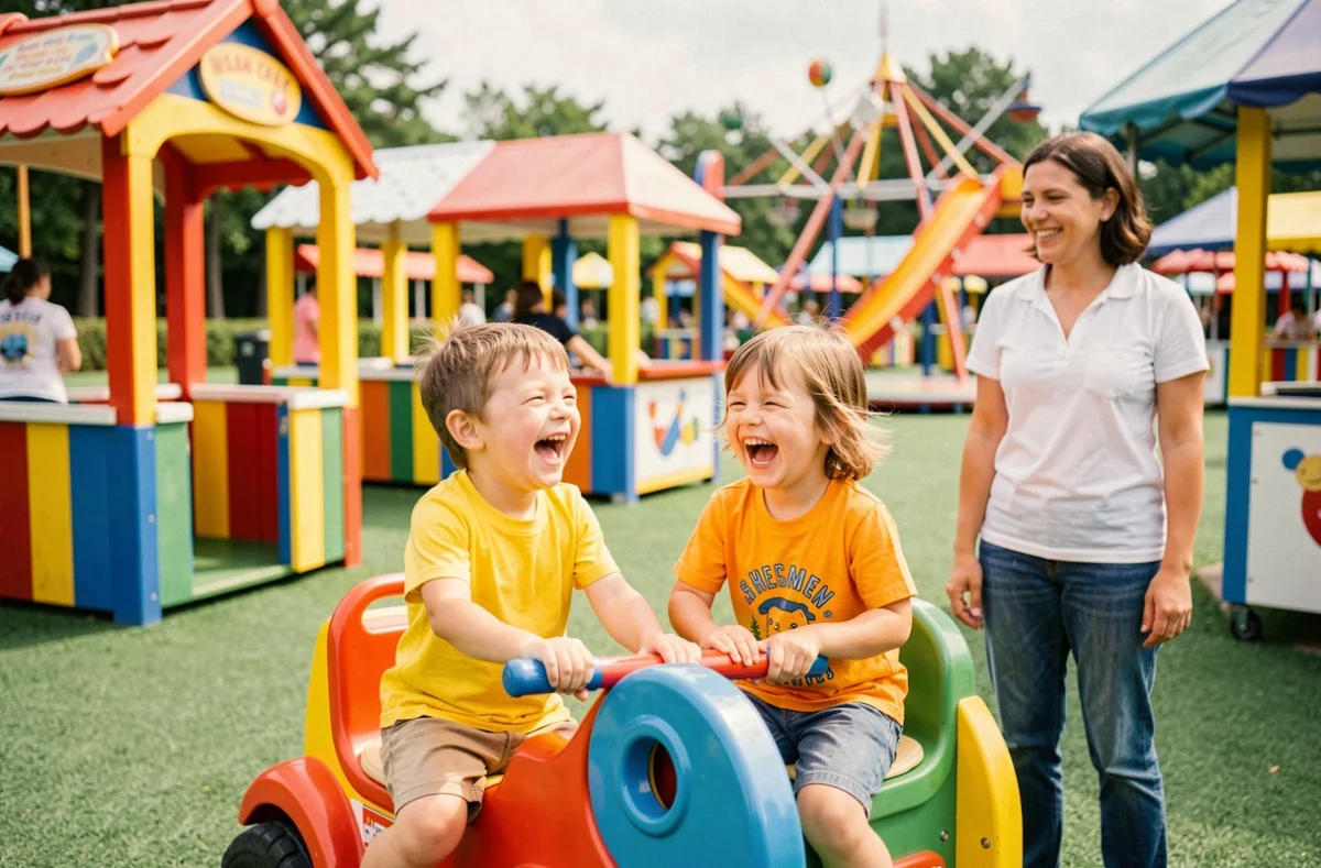 Jeunes enfants s'amusant sur les manèges colorés de Didi'land, parc de loisirs familial en Alsace