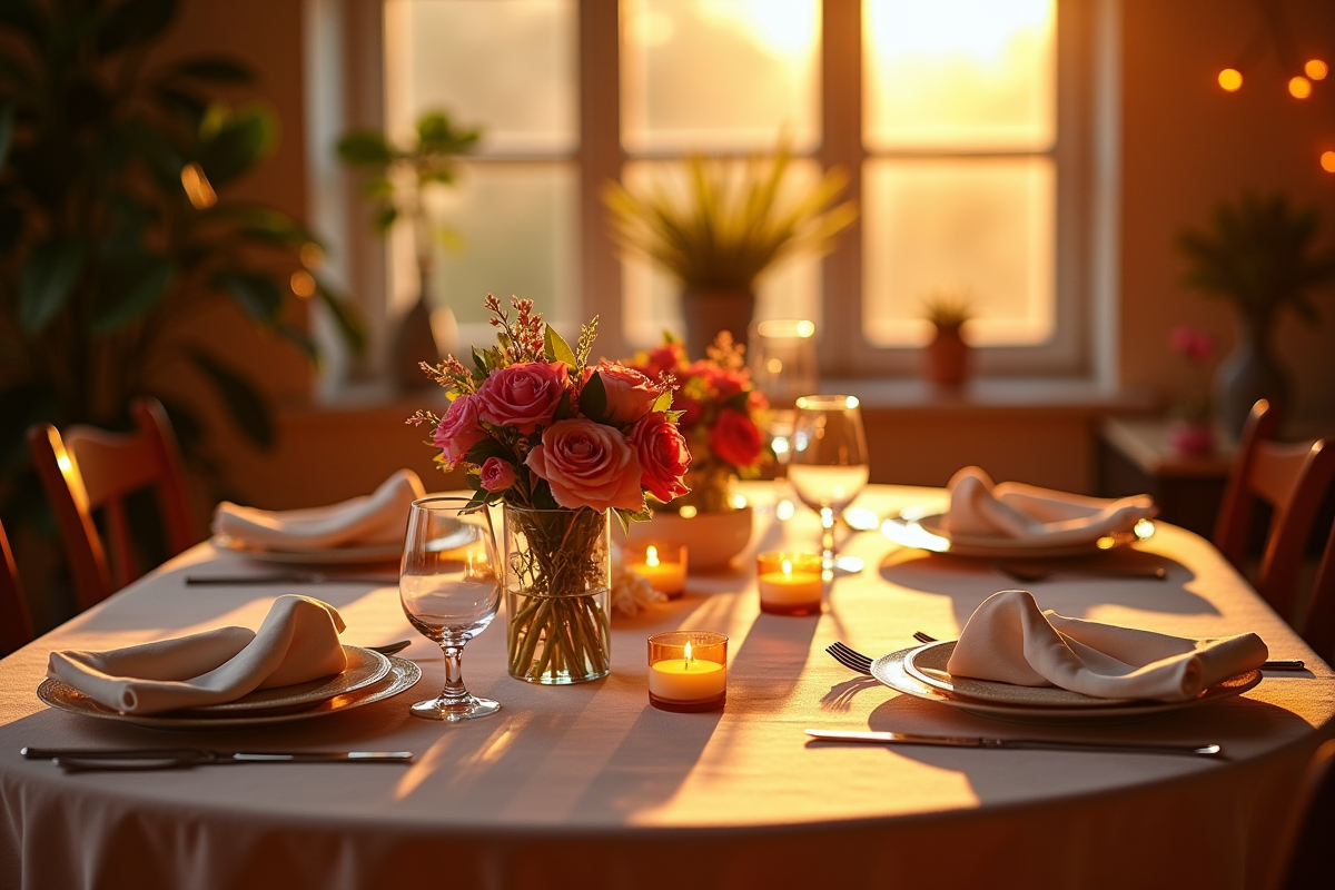 Table de diner d anniversaire pour deux avec fleurs et bougies