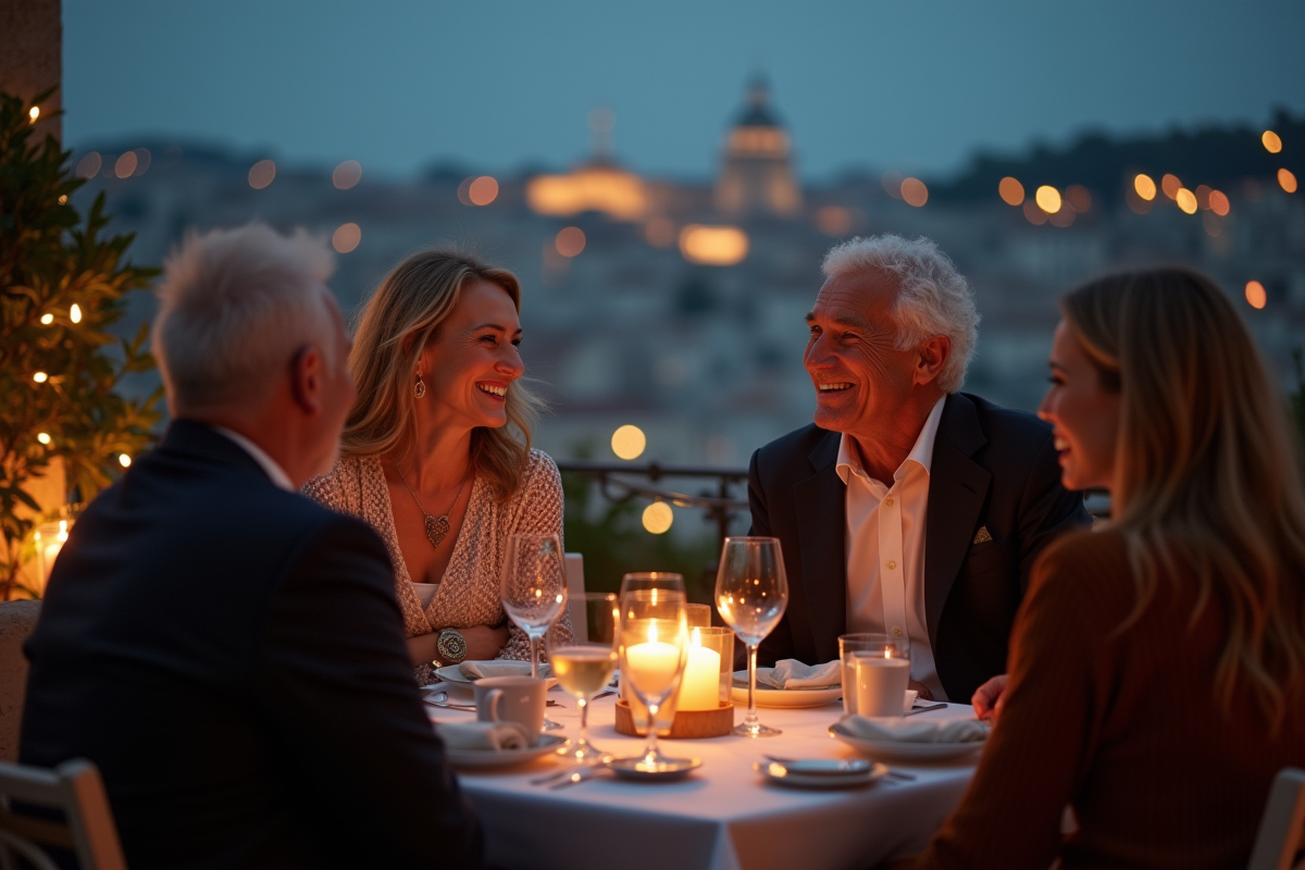 Couple âgé riant lors d un dîner romantique en ville