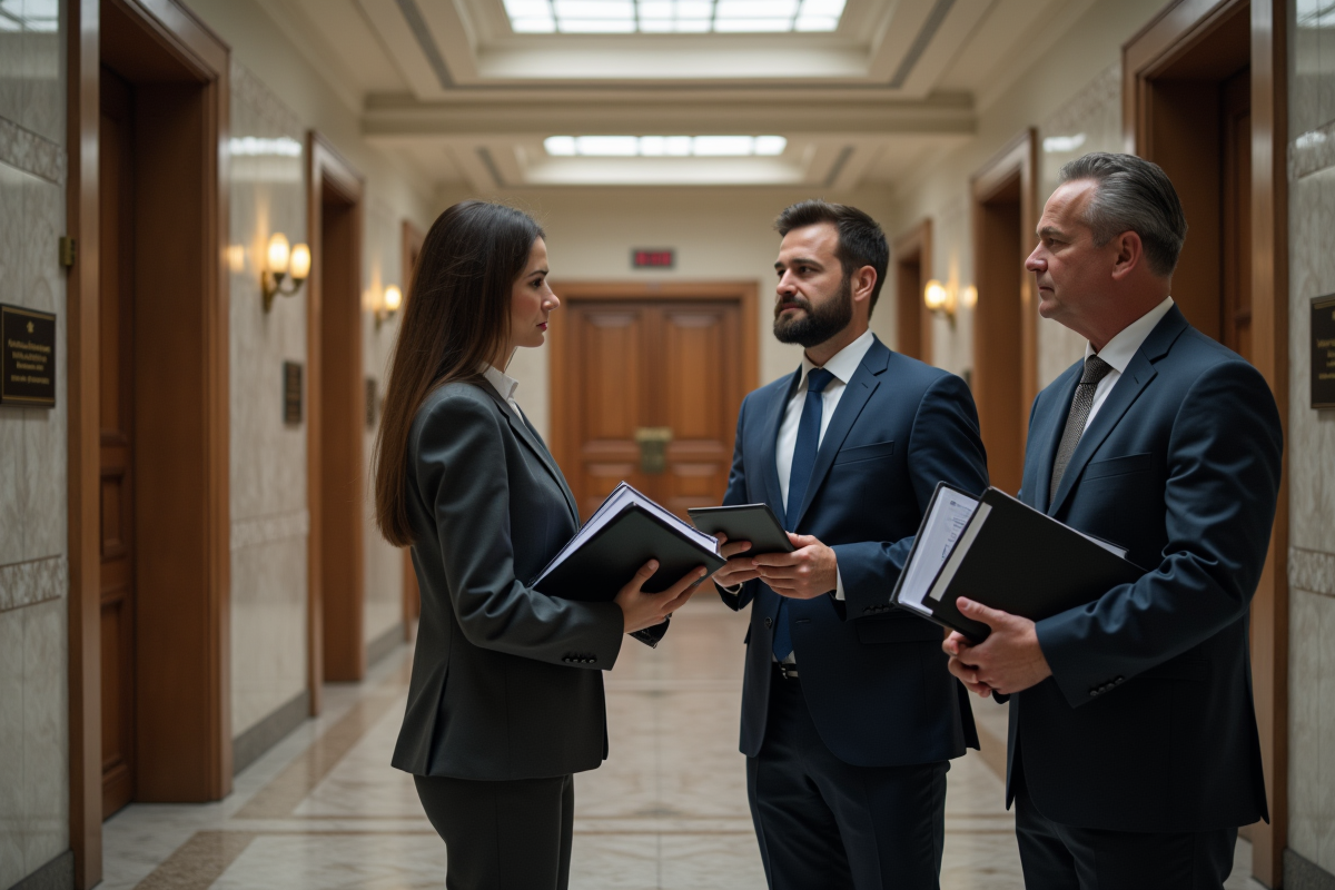 Trois personnes discutant dans un couloir de tribunal moderne