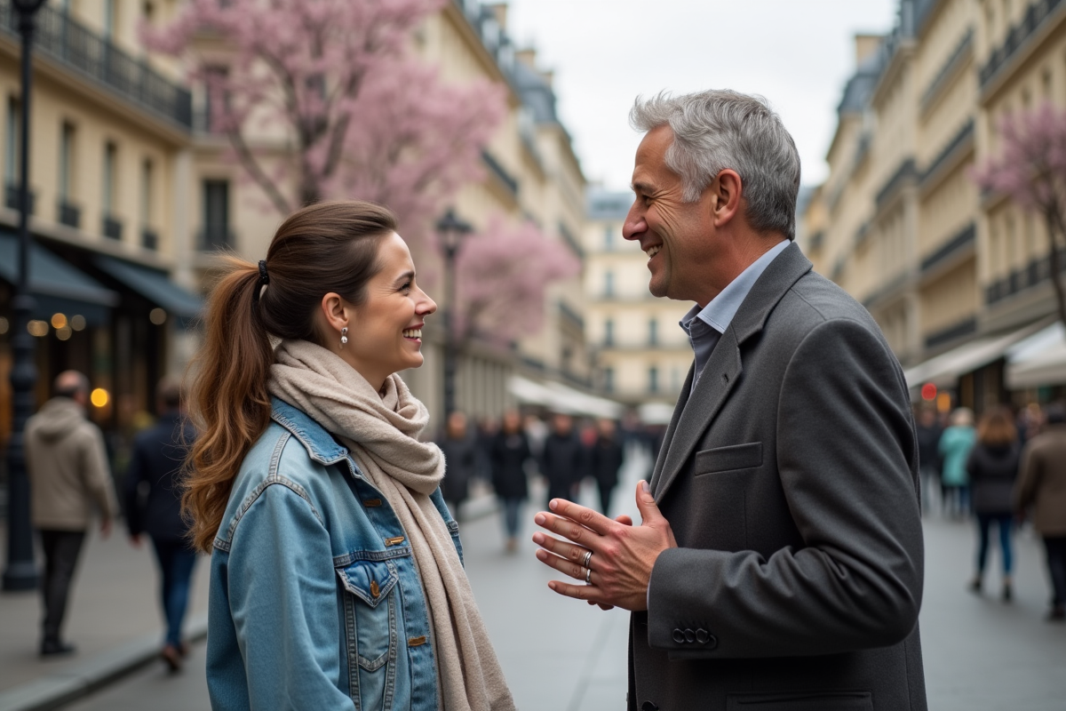 Femme en veste en jean réagit à un homme en blazer dans la rue