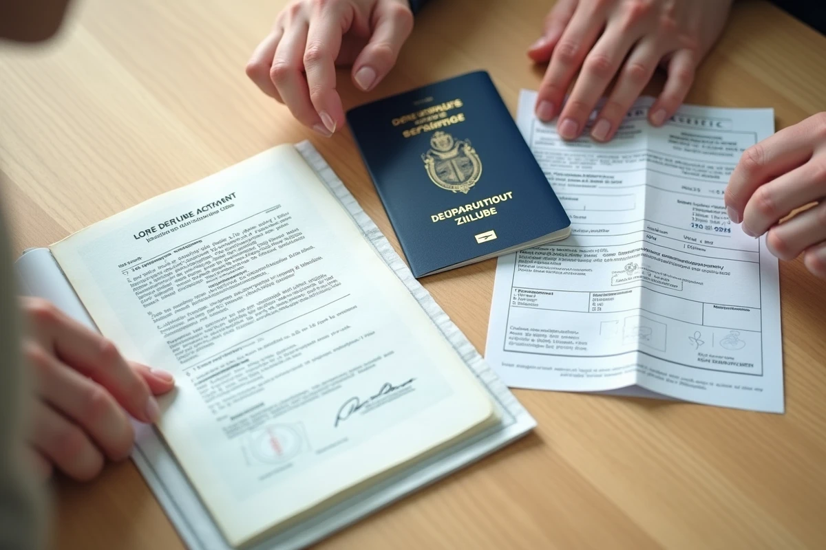 Vue de dessus des documents justificatifs requis pour le nom d'usage sur un passeport français