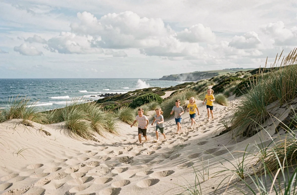 Enfants courant sur les grandes dunes naturelles de Korn ar Gazel à Saint-Pabu face à l'Atlantique