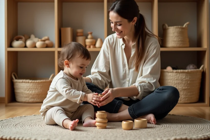 Mère et enfant explorant du matériel Montessori en bois dans un coin pédagogique naturel à la maison