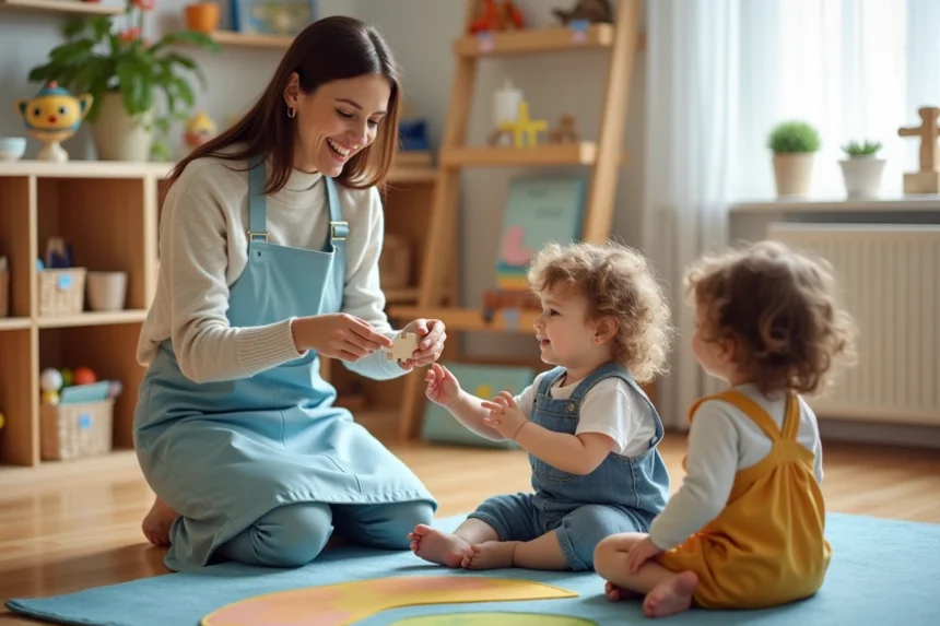 Éducatrice de jeunes enfants agenouillée avec des tout-petits lors d'une activité d'éveil en garderie halte