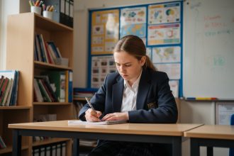 Jeune fille en uniforme à l'école en train d'écrire