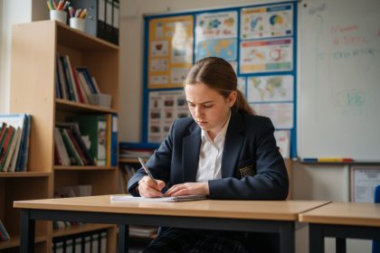 Jeune fille en uniforme à l'école en train d'écrire