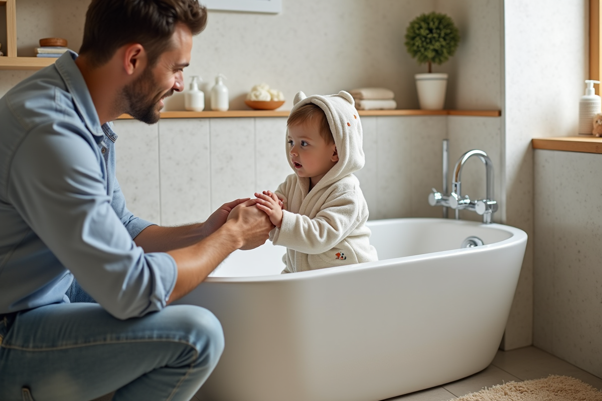 Petit garçon debout près de la baignoire avec son père
