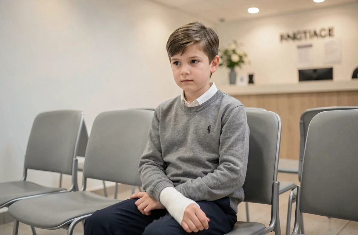 Jeune écolier blessé au poignet attendant dans une agence d'assurance scolaire pour déclarer un sinistre MAE
