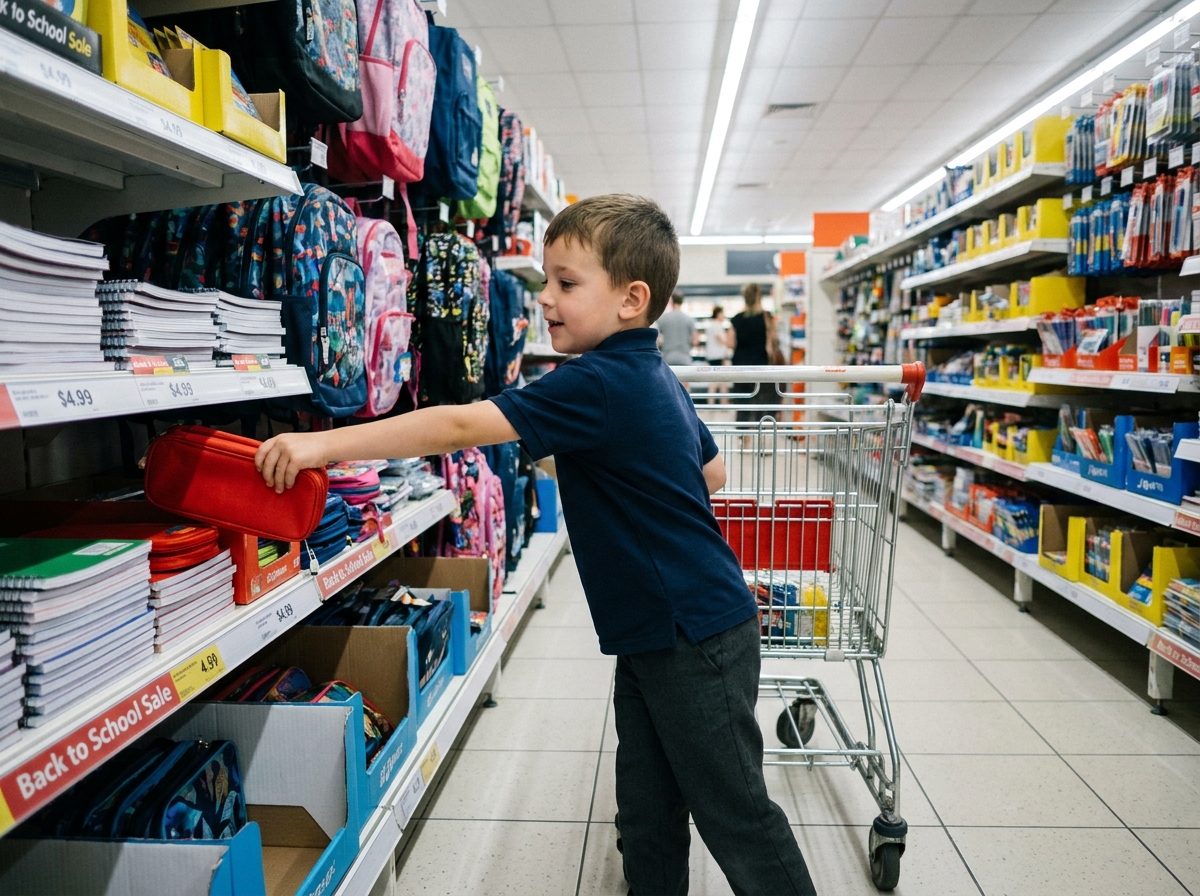 Enfant choisissant une trousse dans un rayon de fournitures scolaires en grande surface lors de la préparation de la rentrée