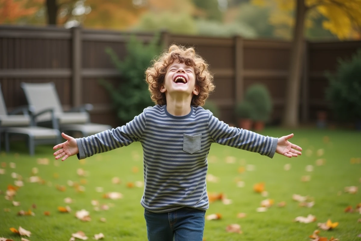 Enfant réalisant un gage amusant les yeux fermés dans un jardin familial en automne