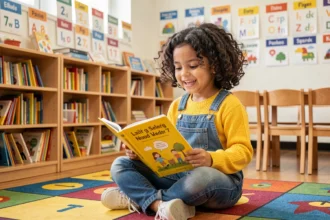 Petite fille souriante lisant un livre bilingue français-anglais assis sur un tapis de classe coloré