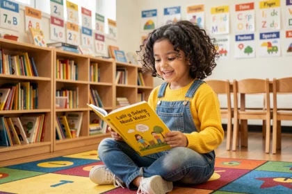 Petite fille souriante lisant un livre bilingue français-anglais assis sur un tapis de classe coloré