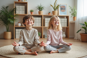 Enfants méditant dans un salon cosy et lumineux
