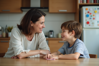 Jeune garçon avec mère dans la cuisine lumineuse